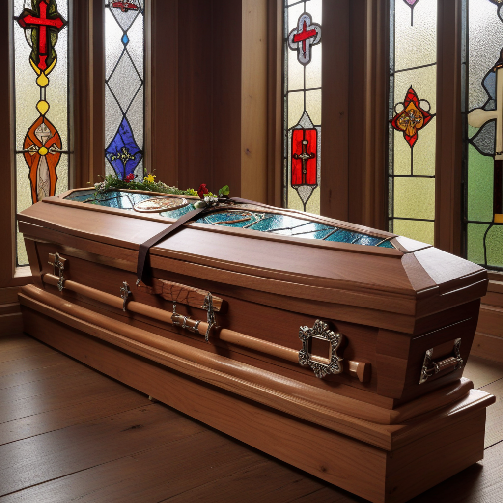 A wooden coffin next to stained glass windows with crosses on them